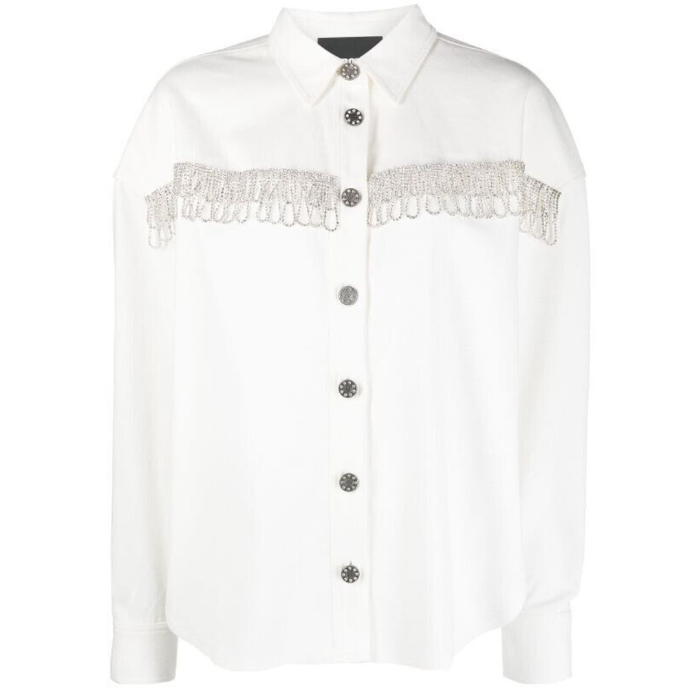 Rotate $590 White Crystal Embellished Fringed Shirt Jacket Western cowgirl Sz12